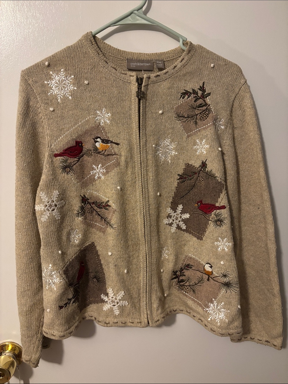 Vintage Y2K croft & barrow Beige Zip-Front Sweater Cardigan Bird Embroidery PXL